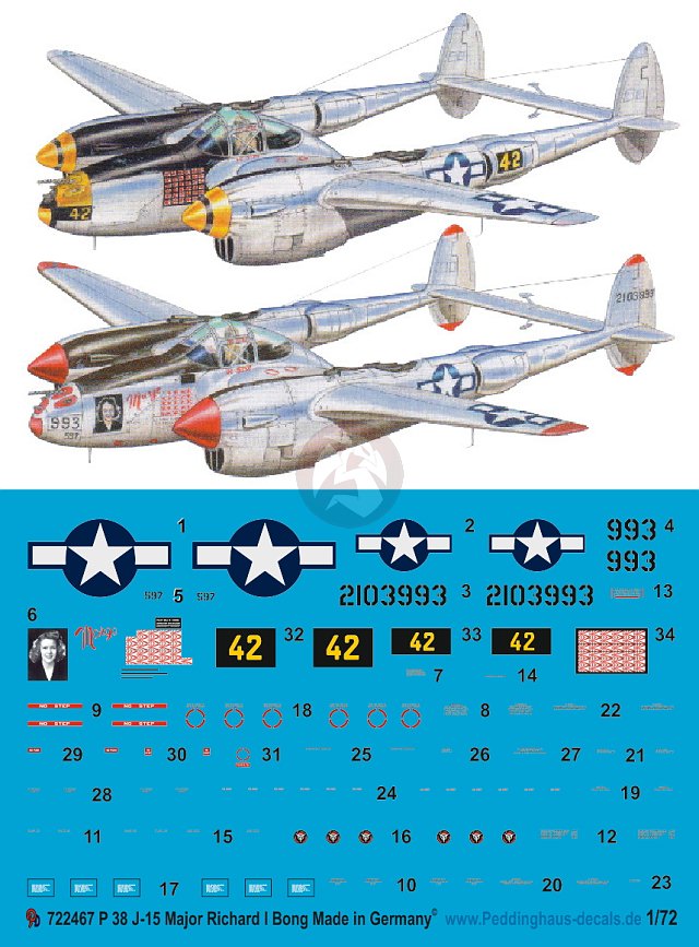 Peddinghaus 1/72 P-38J-15-LO Lightning Markings Richard Bong