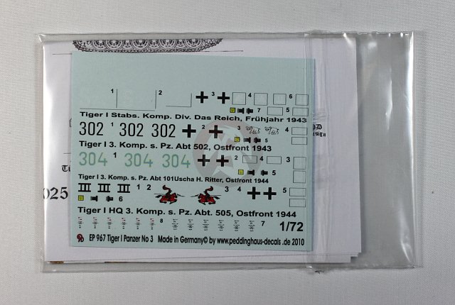 Peddinghaus 1/72 Various German Tiger I Tank Markings WWII